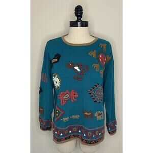 Rafia Vintage Art to Wear Teal Sweater Southwestern Embroidered Womens L